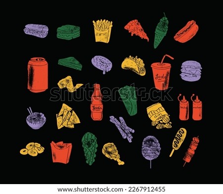 Fast Food Dishes with Drinks and Desserts Collection, Objects for Cafe or Restaurant Menu Vector Illustration