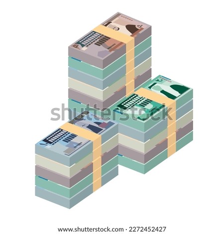 Jordanian Dinar Vector Illustration. Jordan, West Bank money set bundle banknotes. Paper money 1, 10, 20, 50 JOD. Flat style. Isolated on white background. Simple minimal design.