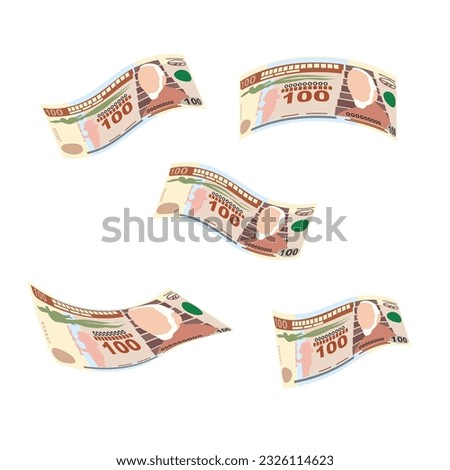 Guatemalan Quetzal Vector Illustration. Guatemala money set bundle banknotes. Falling, flying money 100 GTQ. Flat style. Isolated on white background. Simple minimal design.