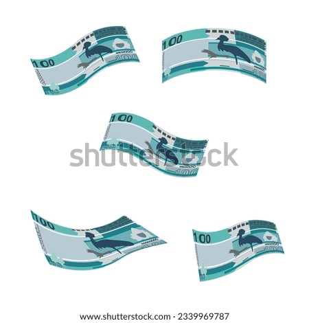 Gambian Dalasi Vector Illustration. The Gambia money set bundle banknotes. Falling, flying money 100 GMD. Flat style. Isolated on white background. Simple minimal design.