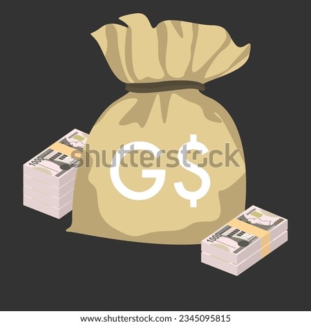 Guyana Dollar Vector Illustration. Guyanese money set bundle banknotes. Money bag 1000 GYD. Flat style. Isolated on white background. Simple minimal design.