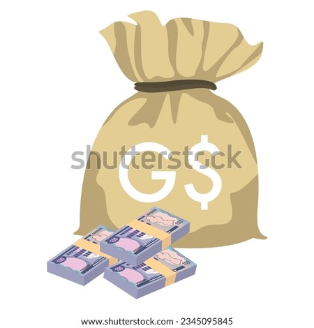 Guyana Dollar Vector Illustration. Guyanese money set bundle banknotes. Money bag 100 GYD. Flat style. Isolated on white background. Simple minimal design.