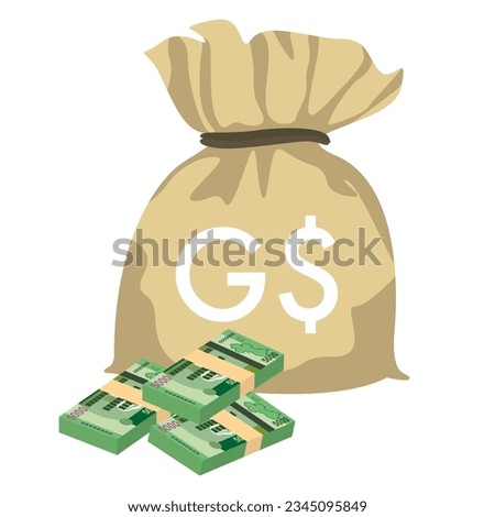Guyana Dollar Vector Illustration. Guyanese money set bundle banknotes. Money bag 5000 GYD. Flat style. Isolated on white background. Simple minimal design.