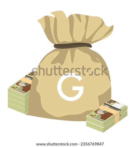 Haitian Gourde Vector Illustration. Haitian money set bundle banknotes. Money bag 500 HTG. Flat style. Isolated on white background. Simple minimal design.