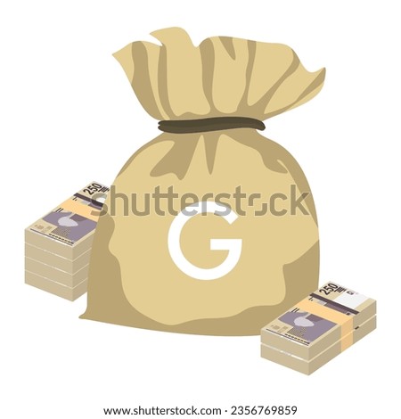 Haitian Gourde Vector Illustration. Haitian money set bundle banknotes. Money bag 250 HTG. Flat style. Isolated on white background. Simple minimal design.