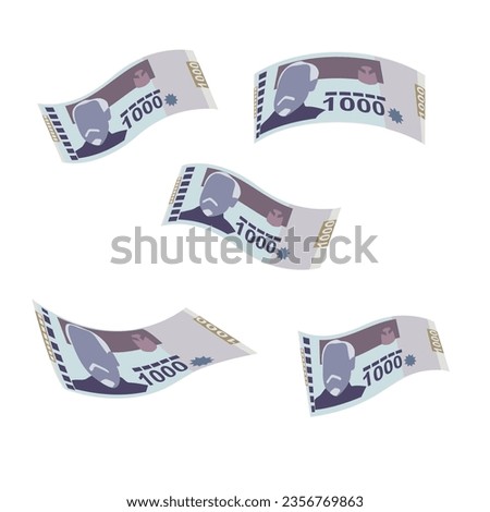 Haitian Gourde Vector Illustration. Haitian money set bundle banknotes. Falling, flying money 1000 HTG. Flat style. Isolated on white background. Simple minimal design.