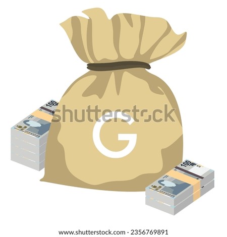 Haitian Gourde Vector Illustration. Haitian money set bundle banknotes. Money bag 100 HTG. Flat style. Isolated on white background. Simple minimal design.