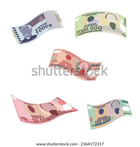 Vietnam Dong Vector Illustration. Vietnamese money set bundle banknotes. Falling, flying money 500000, 100000, 200000 VND. Flat style. Isolated on white background. Simple minimal design.