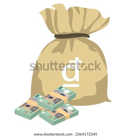 Vietnam Dong Vector Illustration. Vietnamese money set bundle banknotes. Money bag 500000 VND. Flat style. Isolated on white background. Simple minimal design.