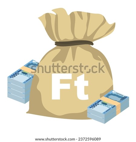 Hungarian Forint Vector Illustration. Hungary money set bundle banknotes. Money bag 1000 HUF. Flat style. Isolated on white background. Simple minimal design.