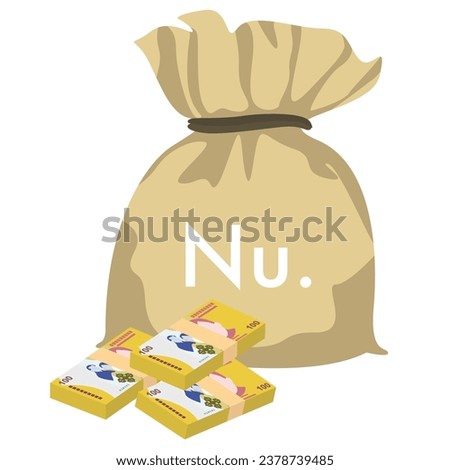 Bhutanese Ngultrum Vector Illustration. Bhutan money set bundle banknotes. Money bag 100 BTN. Flat style. Isolated on white background. Simple minimal design.