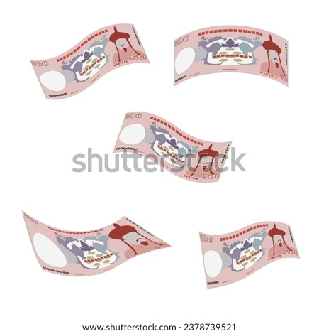 Bhutanese Ngultrum Vector Illustration. Bhutan money set bundle banknotes. Falling, flying money 500 BTN. Flat style. Isolated on white background. Simple minimal design.