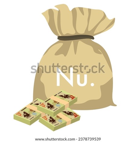 Bhutanese Ngultrum Vector Illustration. Bhutan money set bundle banknotes. Money bag 5 BTN. Flat style. Isolated on white background. Simple minimal design.