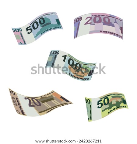 Belarusian ruble Vector Illustration. Belarus money set bundle banknotes. Falling, flying money 20, 50, 100, 200, 500 BYN. Flat style. Isolated on white background. Simple minimal design.