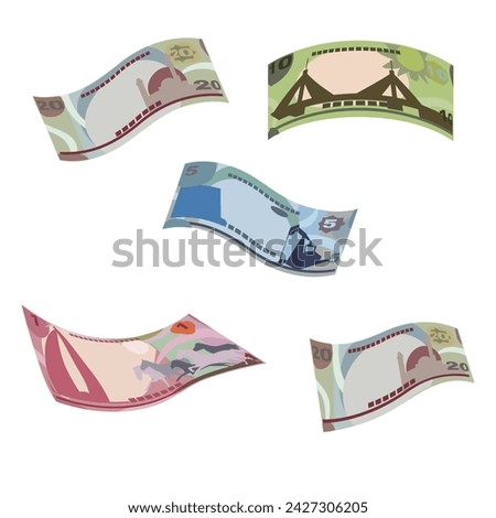 Bahraini Dinar Vector Illustration. Bahrain money set bundle banknotes. Falling, flying money 1, 5, 10, 20 BHD. Flat style. Isolated on white background. Simple minimal design.