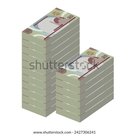 Bahraini Dinar Vector Illustration. Bahrain money set bundle banknotes. Paper money 20 BHD. Flat style. Isolated on white background. Simple minimal design.