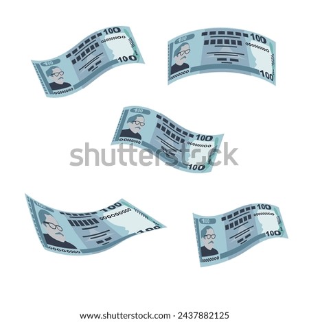 Bangladeshi Taka Vector Illustration. Bangladesh money set bundle banknotes. Falling, flying money 100 BDT. Flat style. Isolated on white background. Simple minimal design.