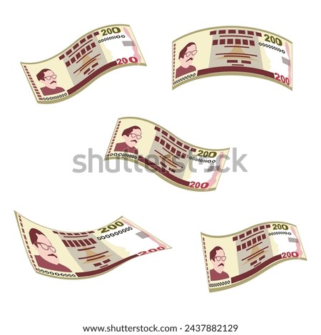Bangladeshi Taka Vector Illustration. Bangladesh money set bundle banknotes. Falling, flying money 200 BDT. Flat style. Isolated on white background. Simple minimal design.