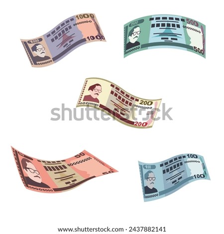 Bangladeshi Taka Vector Illustration. Bangladesh money set bundle banknotes. Falling, flying money 50, 100, 200, 500, 1000 BDT. Flat style. Isolated on white background. Simple minimal design.