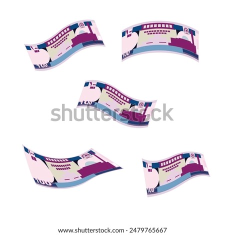 Afghan Afghani Vector Illustration. Afghanistan money set bundle banknotes. Falling, flying money 100 AFN. Flat style. Isolated on white background. Simple minimal design.