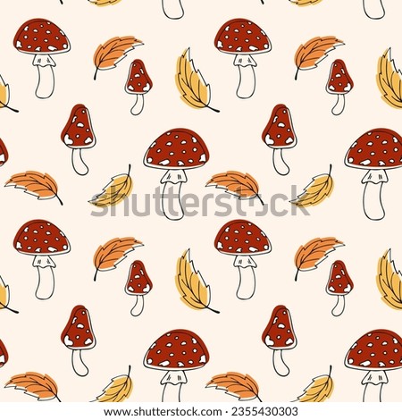 Autumn endless pattern with fly agarics and falling leaves. Doodle linear illustration with fall elements. Forest natural mushroom background