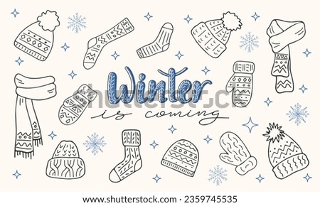 Knitted wool clothes. Outline doodle winter clothing elements. Hand drawn hat, scarf, mittens, socks. Winter is coming handwritten lettering. Seasonal cozy background