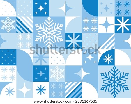 Geometry square tile seamless winter pattern. Seasonal blue abstract background with geometric elements snowflakes and sparks. Endless mosaic ornament for design
