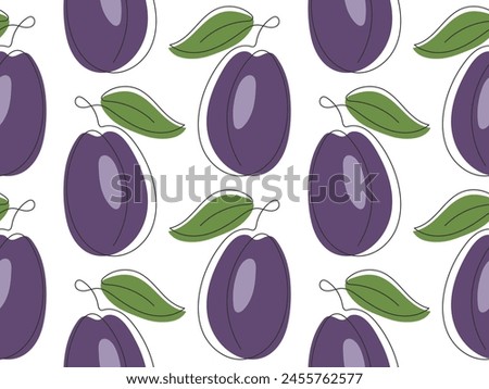 Seamless pattern of hand drawn plums. Abstract fruit food background. Line drawing ripe plum. Pattern for packaging jam, juice, cover, fabric, wallpaper