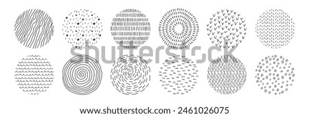 Set of abstract ink drawn circles. Doodle black and white textures of stripes, spots, dashes, scribbles. Round icons collection. Simple modern illustration for design