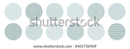 Circle shapes with doodle drawn texture. Set of highlight cover icons for social media. . Pastel Natural colors. Modern abstract background. Hand Drawing pattern round icons