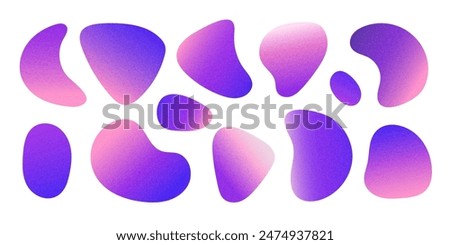 Pink purple blue gradient Liquid blob set. Grain textured liquid Spots isolated on white. Irregular geometric shape background for design. Abstract colorful blot. Modern organic dynamic figure