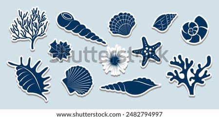 Sea shells silhouette sticker pack. Hand drawn blue seashell collection. Ocean sea life conch coral starfish. Marine underwater abstract animal. Summer Vector set for scrapbook