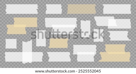 Sticky paper tape Scotch Pieces set. Adhesive Transparent white and yellow sticky stripe. Ripped Torn Masking stripes. Sticker for collage, fixing photo notes. Element for Design. Vector illustration