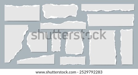 White Torn Paper pieces set. Paper sheet with Ripped edges. Empty highlight Frame. Abstract Scraps shape. Element for notes banner collage text box social media Design. Vector illustration