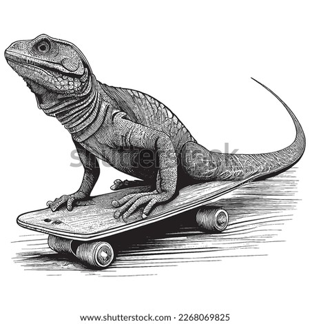 Hand Drawn Engraving Pen and Ink Skateboarding Lizard Vintage Vector Illustration