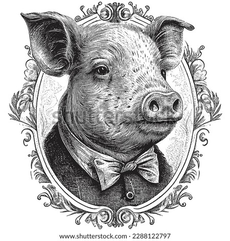 Hand Drawn Engraving Pen and Ink Pig Portrait Dressed in Victorian Era Vintage Vintage Vector Illustration