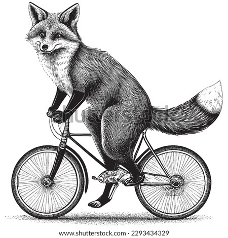 Hand Drawn Engraving Pen and Ink Fox Cycling Bicycle Vintage Vector Illustration
