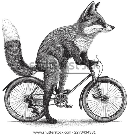 Hand Drawn Engraving Pen and Ink Fox Cycling Bicycle Vintage Vector Illustration