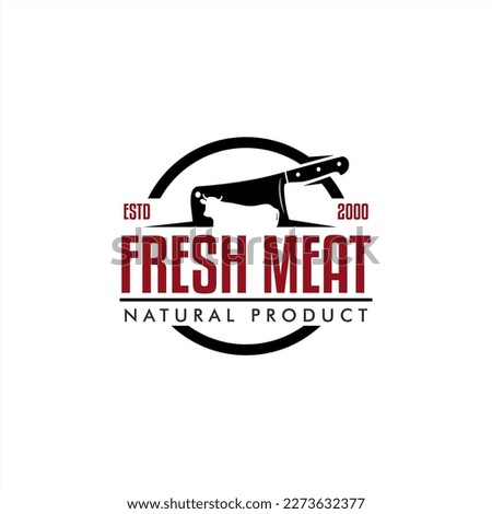 Butchery Shop, meat shop fresh meat Logo Design Template. Cow and meat cleaver knife vector design, minimalism, stamp, badge, symbol, icon, for logo fresh butcher shop, beef