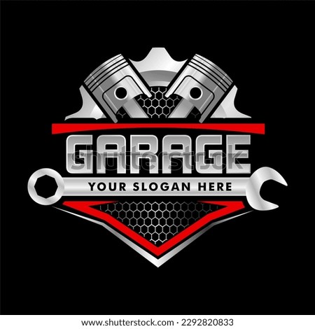 automotive garage logo Combination of automobile tools, gears, pistons, and wrench. Perfect logo for auto services, automobile parts shops, and any other car related businesses.