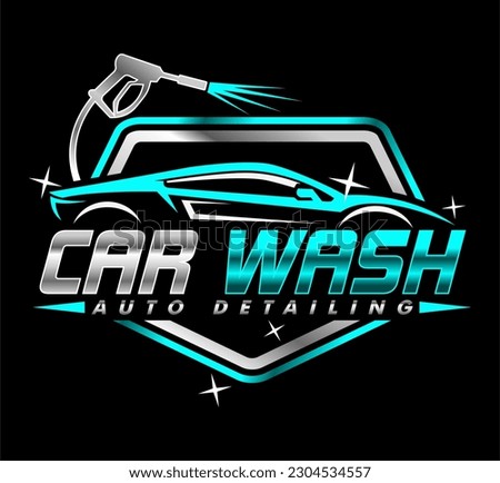 car wash Auto detailing vector logo Carwash spa Automotive automobile logo design template turquoise green, silver gradation
 isolated on a dark background.