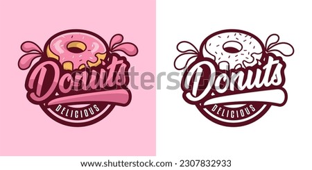 donut shop logo vector illustration emblem, strawberry pink donut lettering logo badge suitable for business logo, banner, sign, vintage  style