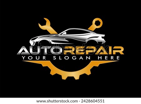 auto repair vector logo badge emblem design template isolated on black background with wrench and gear wheel modern premium design