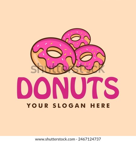 donut shop logo vector illustration emblem, strawberry pink donut lettering logo badge suitable for business logo, banner, sign, vintage style