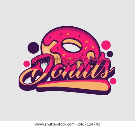 donut shop logo vector illustration emblem, strawberry pink donut lettering logo badge suitable for business logo, banner, sign, vintage style