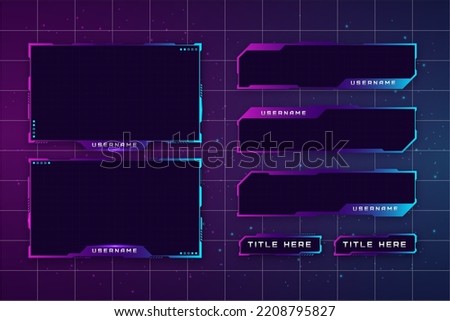 Live streaming  purple theme twitch panel. Streaming screen panel overlay design template neon theme. Live video, online stream futuristic technology style. Abstract digital user interface. 