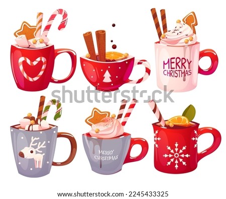 Christmas hot drink set. Flat cartoon different beverages. Holiday cute mugs hot cocoa, coffee, milk, cream and mulled wine. New year drinks decorated holly and candy. Isolated vector illustration