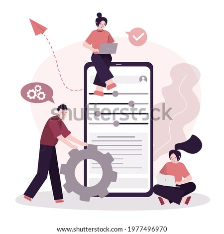 User group sets up a personal account. Various settings on mobile phone screen. Cute women customize profile settings through laptops. Customization and improvement concept. Flat vector illustration Photo stock © 