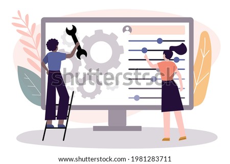 African American female user customize settings on monitor. Computer screen with users personal page. User interface customization, creating. Concept of programming personal pages.Vector illustration 