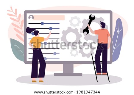 User customize settings on monitor. Computer screen with users personal page. User interface customization, programming. Concept of creating, setting personal pages and repairing. Vector illustration 